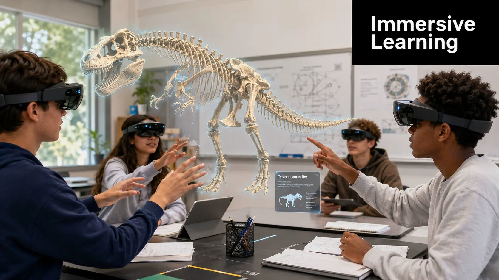 Students wearing augmented reality headsets examine a holographic Tyrannosaurus Rex skeleton in a modern classroom setting.