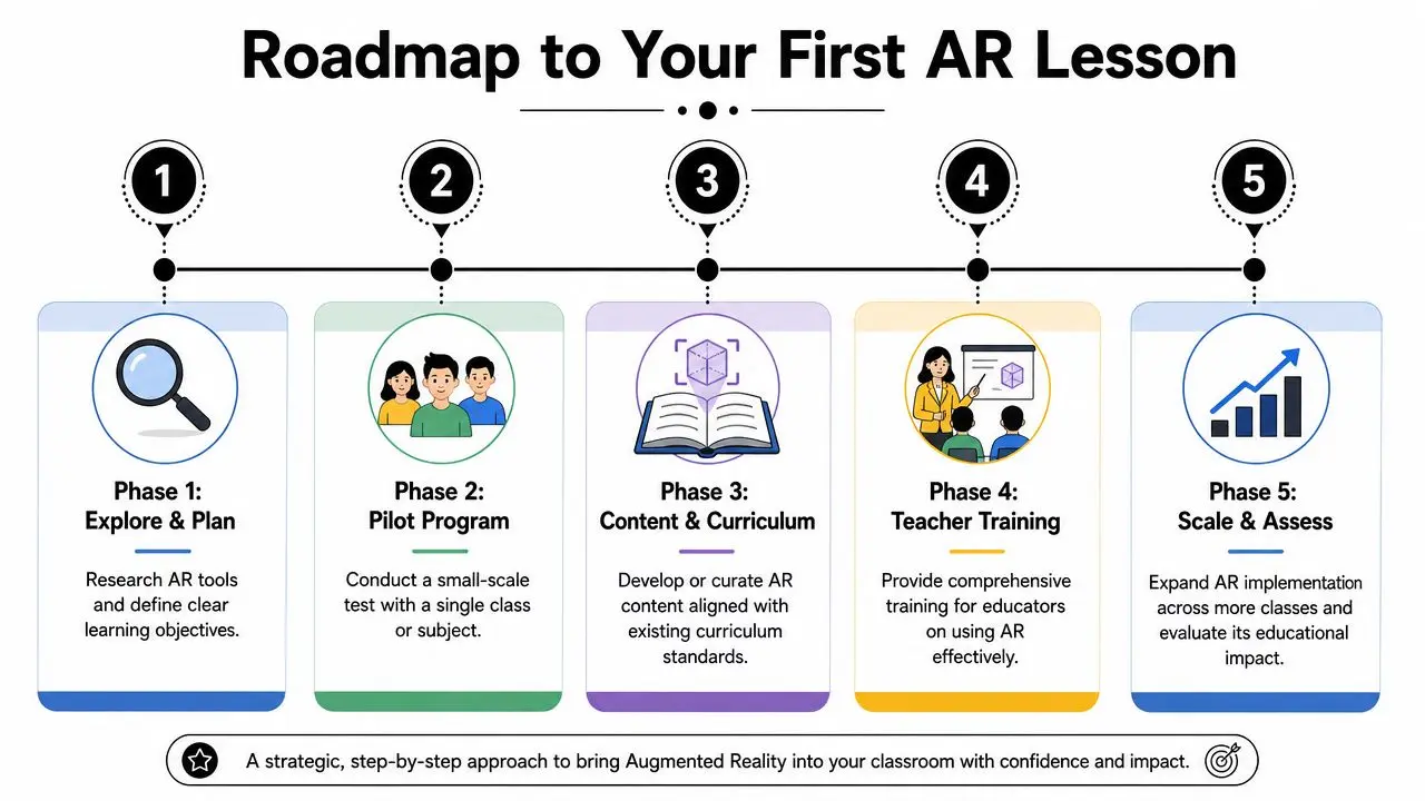 A five-phase infographic roadmap detailing how to implement augmented reality lessons in a classroom setting.