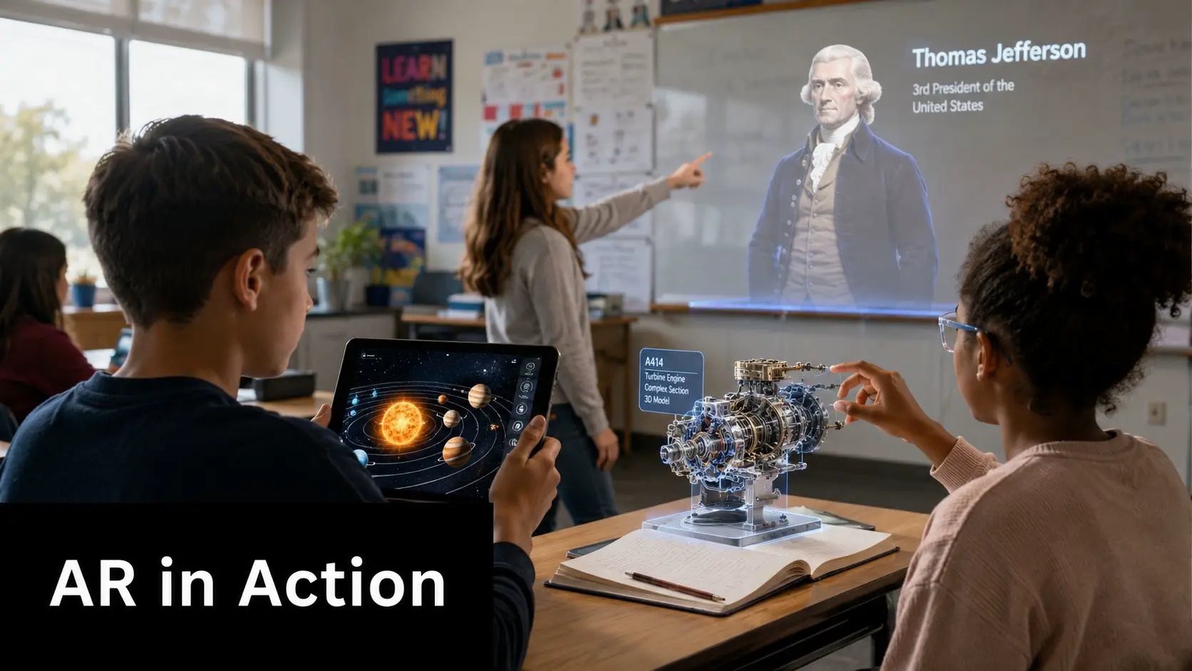 Students using augmented reality technology in a classroom setting to visualize complex educational 3D models.