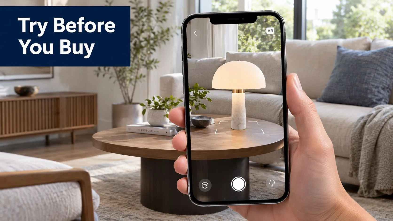 A hand holding a smartphone showing an augmented reality preview of a table lamp in a living room.