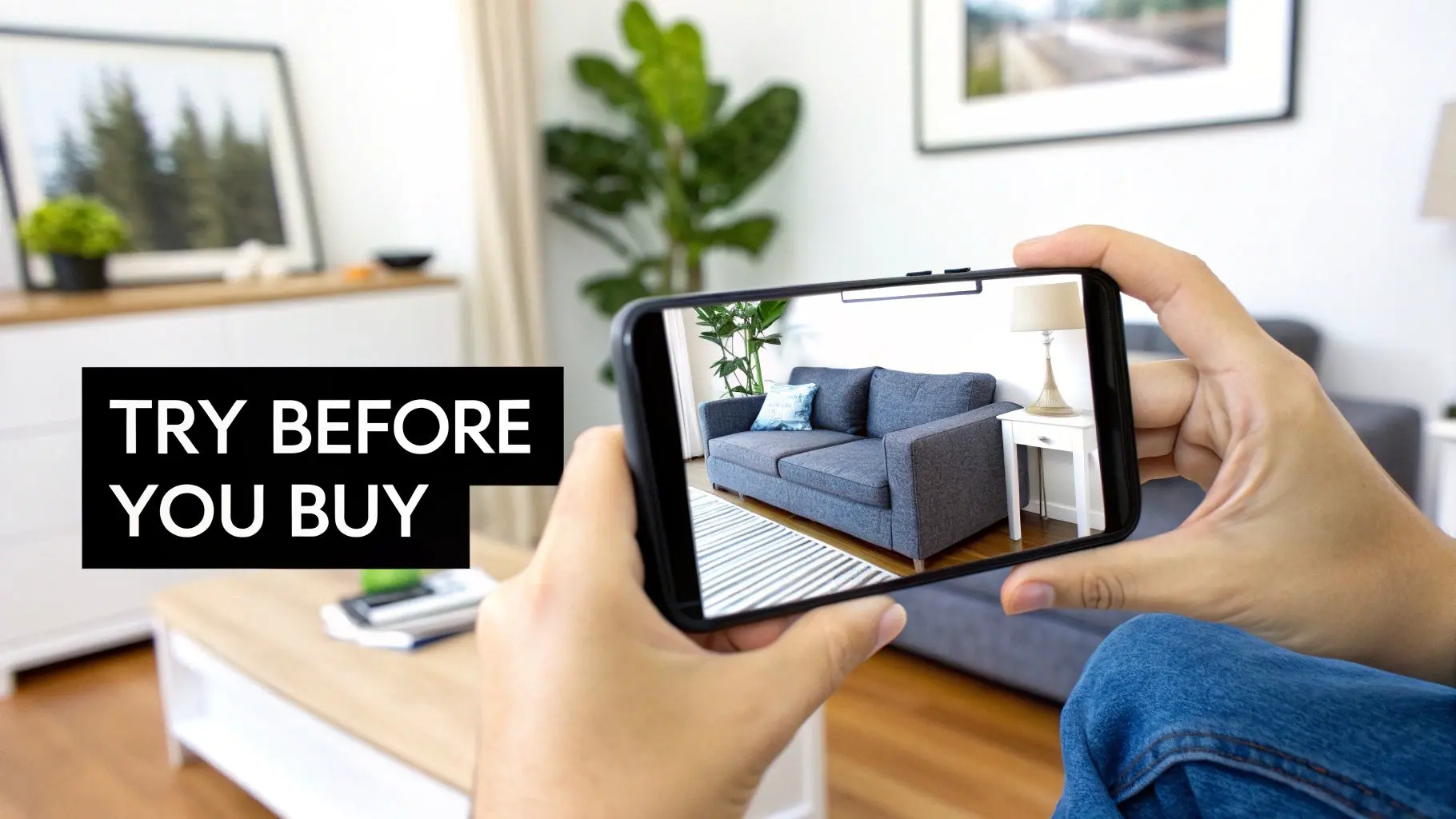 Hands hold a smartphone displaying an augmented reality view of a gray sofa in a modern living room.