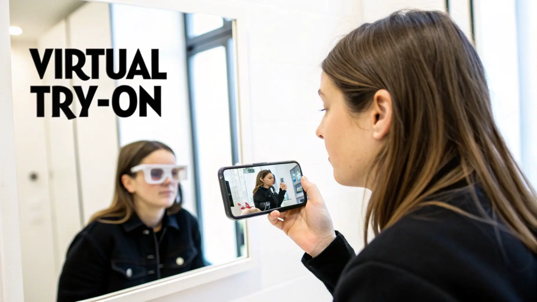 Woman using a smartphone for virtual try-on of glasses in a mirror with 'VIRTUAL TRY-ON' text.