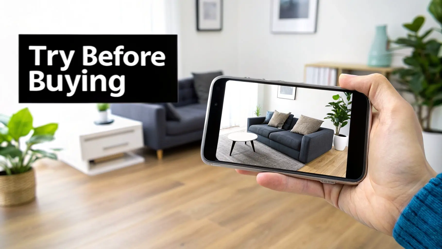 A hand holds a smartphone displaying augmented reality furniture in a living room, with 'Try Before Buying' text.