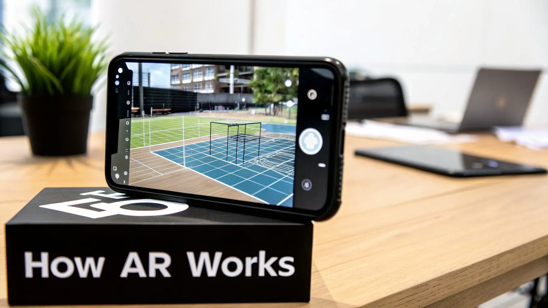 Smartphone displaying an augmented reality application with a virtual grid and 3D structure on a real outdoor scene.