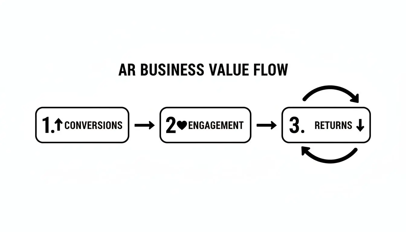 AR Business Value Flow diagram illustrating how AR leads to increased conversions, better engagement, and fewer returns.