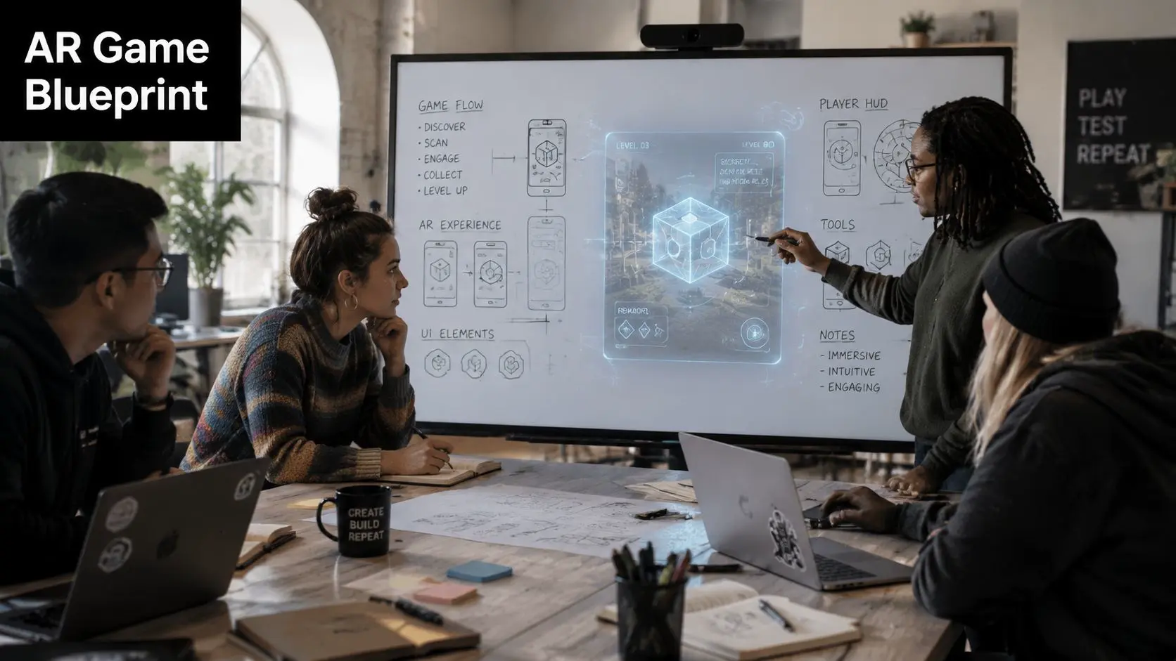 A creative team collaborates in an office, discussing an augmented reality game blueprint displayed on a screen.