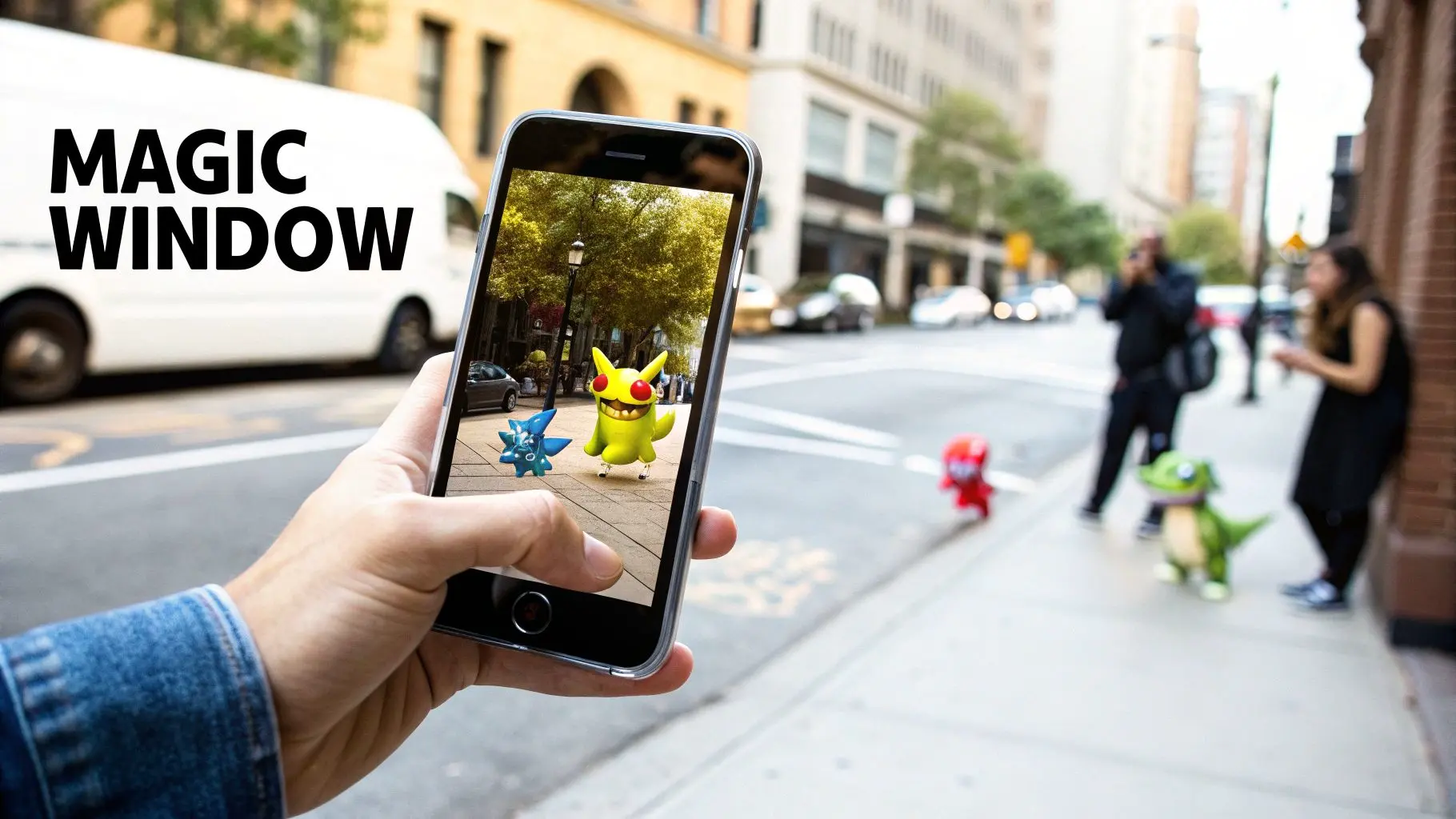 A hand holds a phone displaying augmented reality characters on a busy city street.