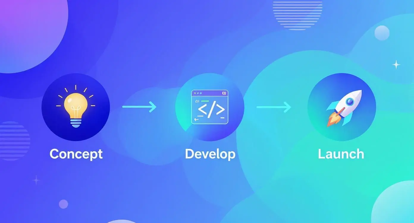 A three-step product development process showing concept (lightbulb), develop (code), and launch (rocket).