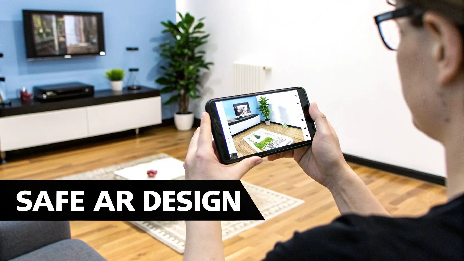 Person uses a smartphone to view an augmented reality design of a living room with virtual furniture.