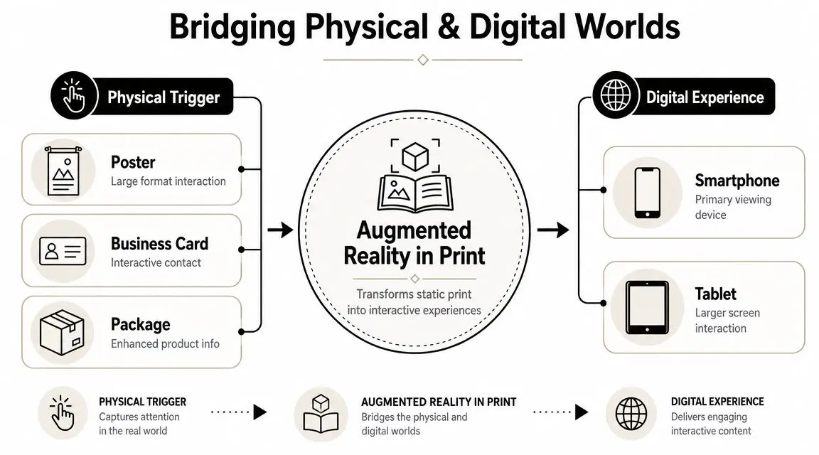 A diagram illustrating how physical print media triggers interactive augmented reality experiences on digital devices.