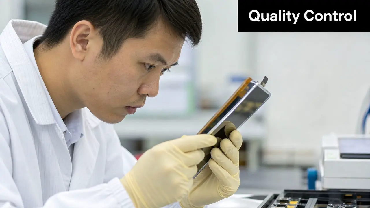 A technician wearing a lab coat and gloves inspects a mobile phone component in a laboratory setting.