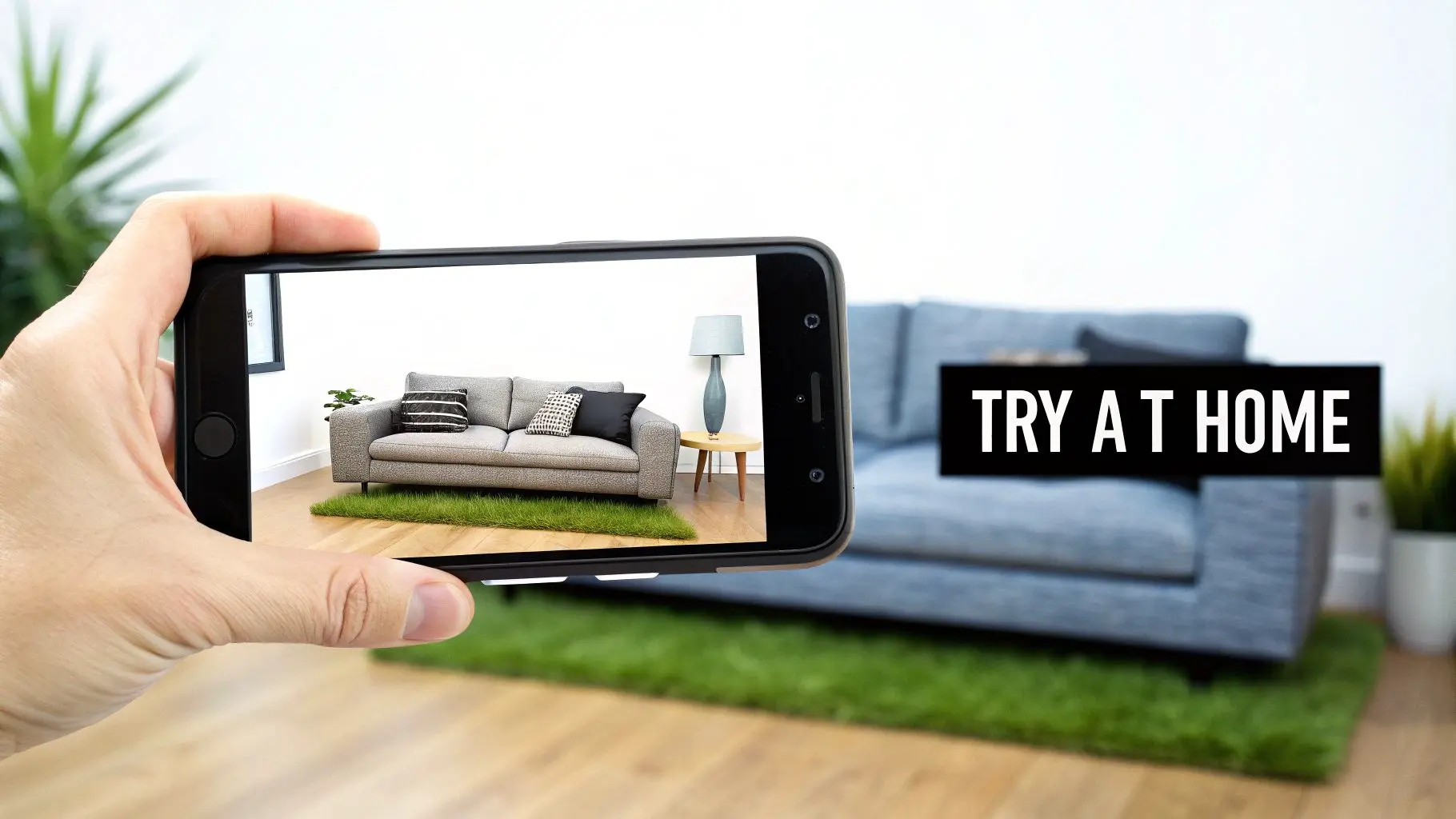 A hand holds a smartphone showing augmented reality of a grey sofa with 'TRY AT HOME' text.