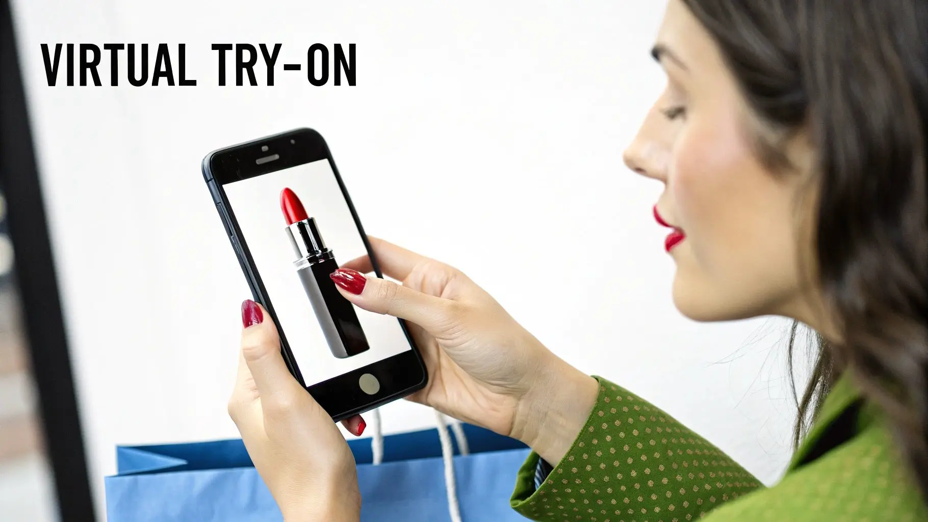 A woman uses a smartphone for virtual try-on of red lipstick, with a shopping bag nearby.