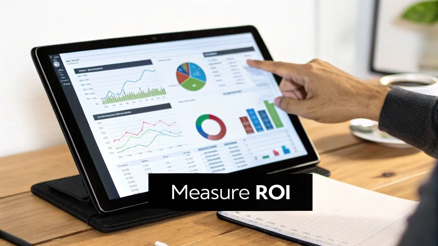 A person's hand touches a tablet screen showing business data analytics, charts, and 'Measure ROI' text.