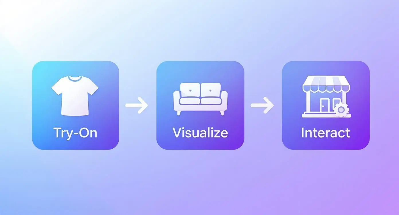 Augmented reality retail process showing virtual try-on, product visualization, and store interaction.