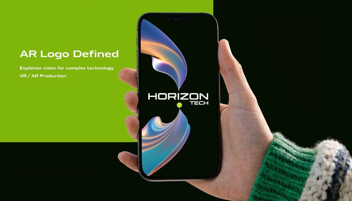 A hand holding a smartphone displaying a sleek, colorful 3D logo design for Horizon Tech.