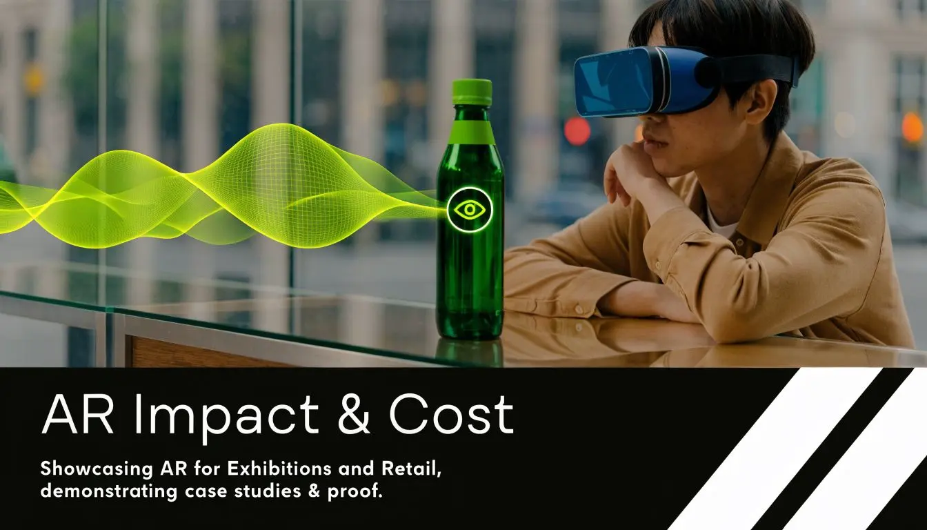 A person wearing a virtual reality headset looks at a green bottle with an augmented reality icon.