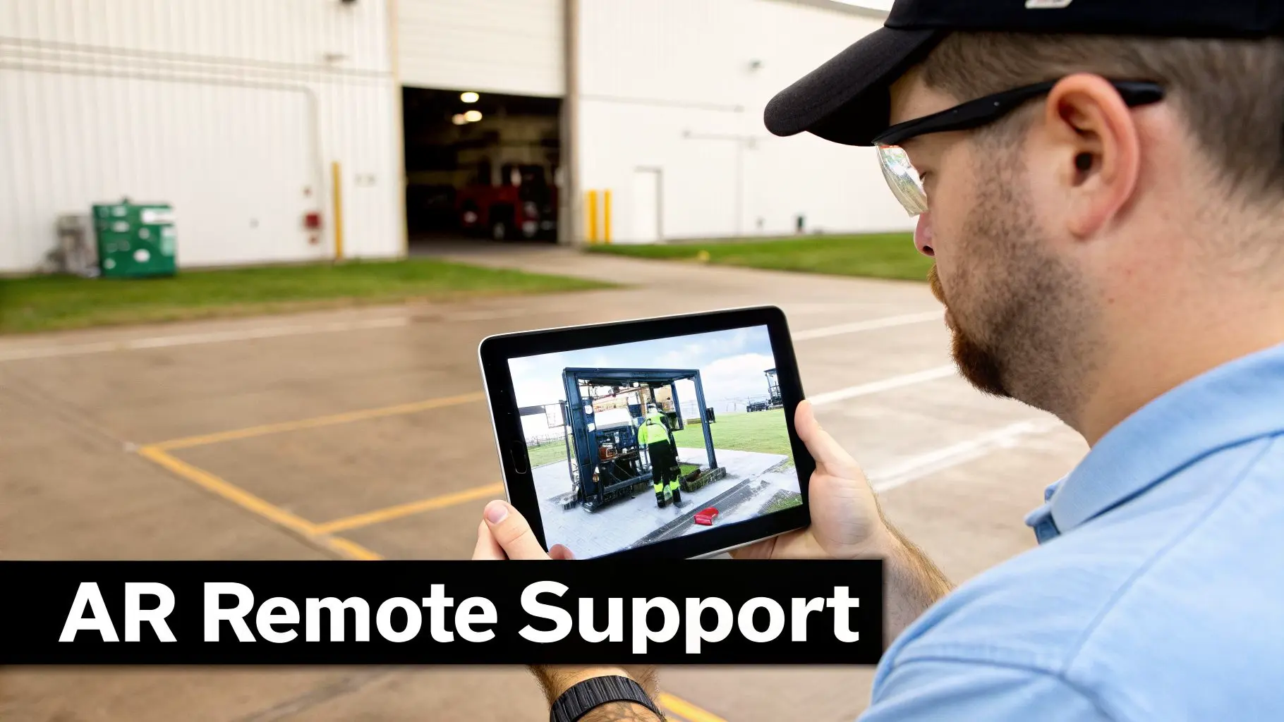 A man uses a tablet for AR remote support, viewing a worker operating machinery in an industrial setting.