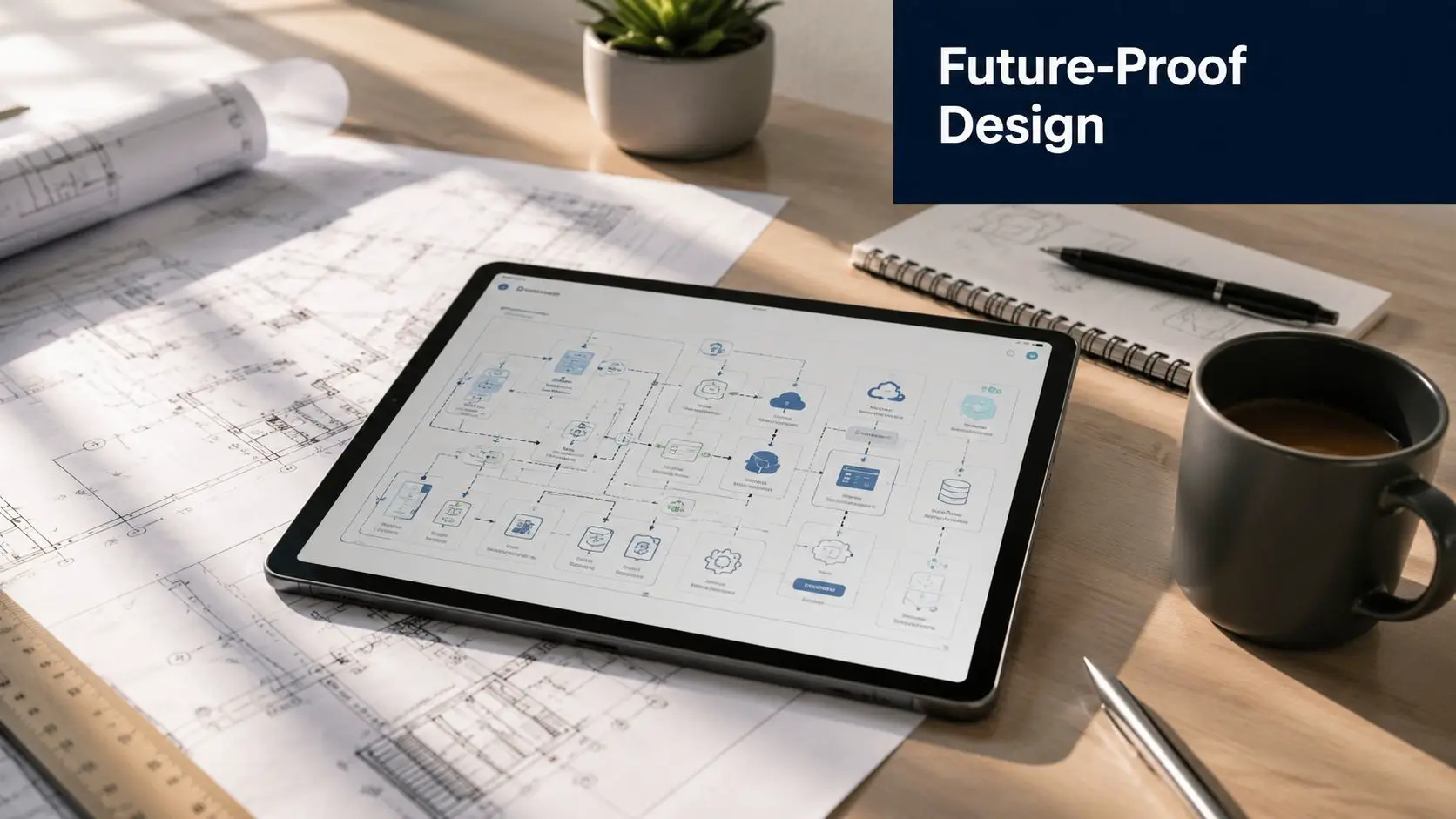 A tablet displaying a complex software architecture diagram on a desk with blueprints and office supplies.