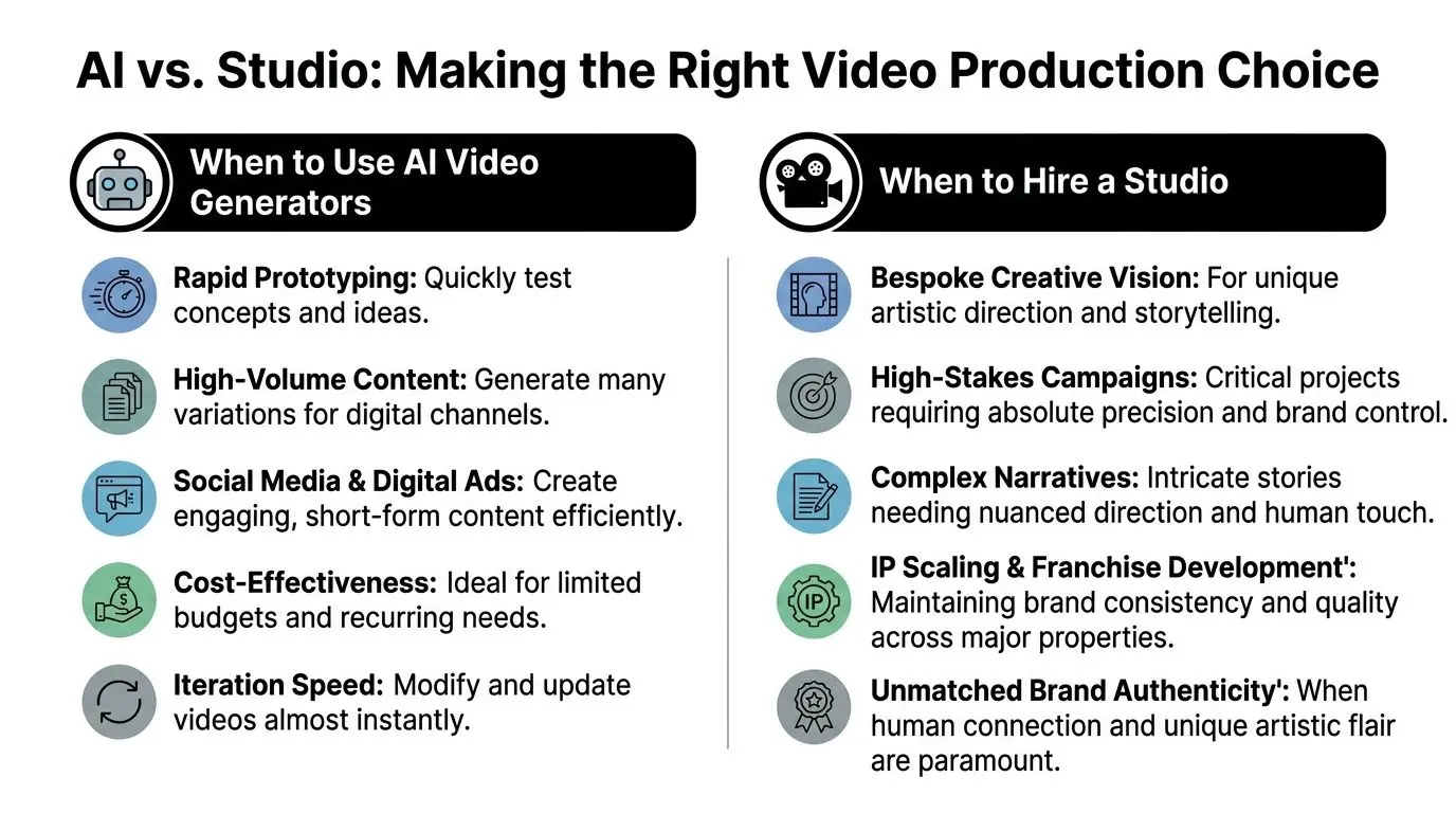 A comparison chart highlighting the key differences between using AI video generators versus hiring a professional studio.