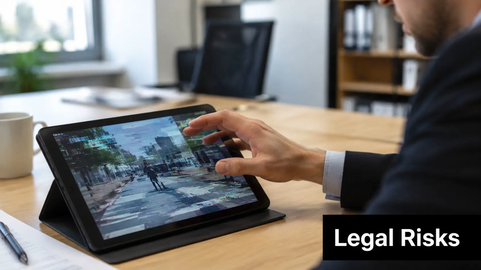 A professional man using a tablet to review a distorted video file with a data glitch effect.