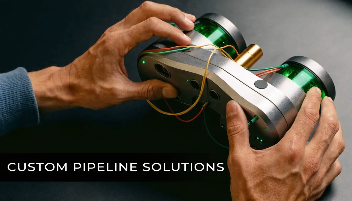 A close-up view of hands assembling a high-tech metallic device with green glowing cylindrical components and wiring.