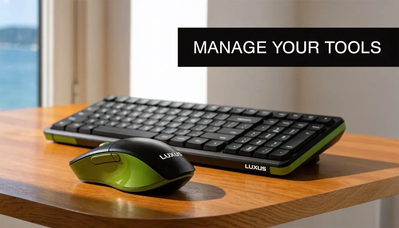 A wireless black and lime green computer mouse and keyboard set on a wooden table desk.