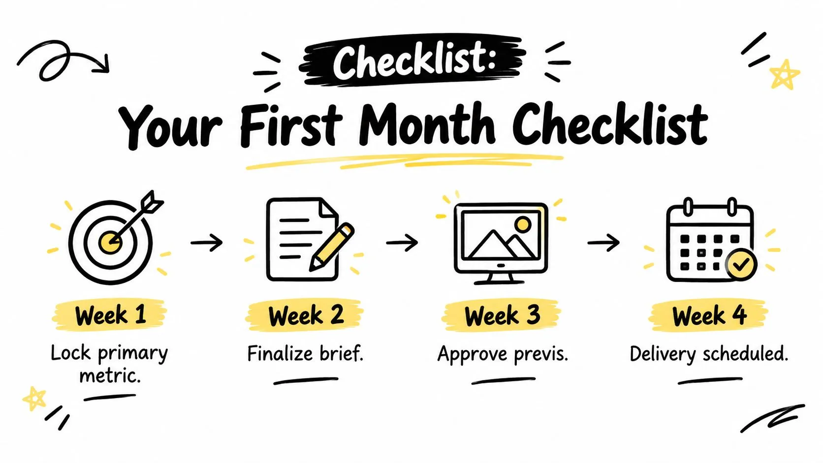 A checklist infographic outlining a four-week branded content production plan with weekly milestones and goals.