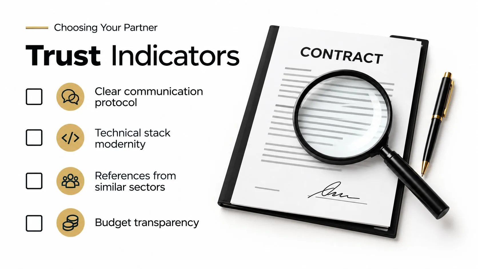 A contract with a magnifying glass and pen on a white background showing business trust indicators.