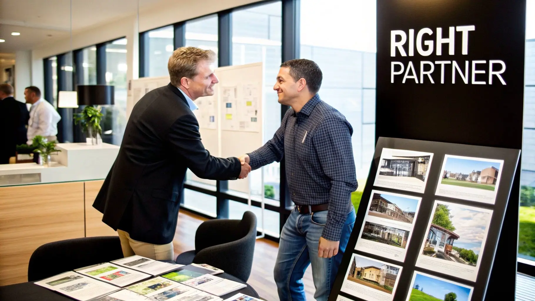 A team of creative professionals discussing a project around a large screen displaying 3D models.