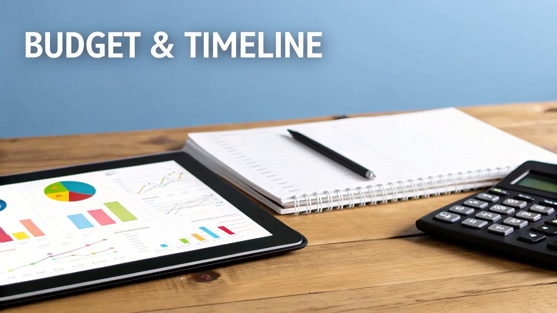 A tablet with budget charts, a notebook, pen, and calculator on a wooden desk, representing budget and timeline planning.