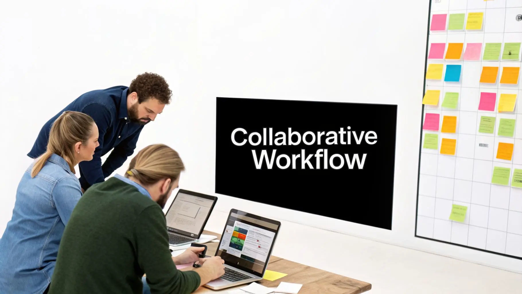 Three colleagues collaborate around laptops in an office, with 'Collaborative Workflow' on a screen.