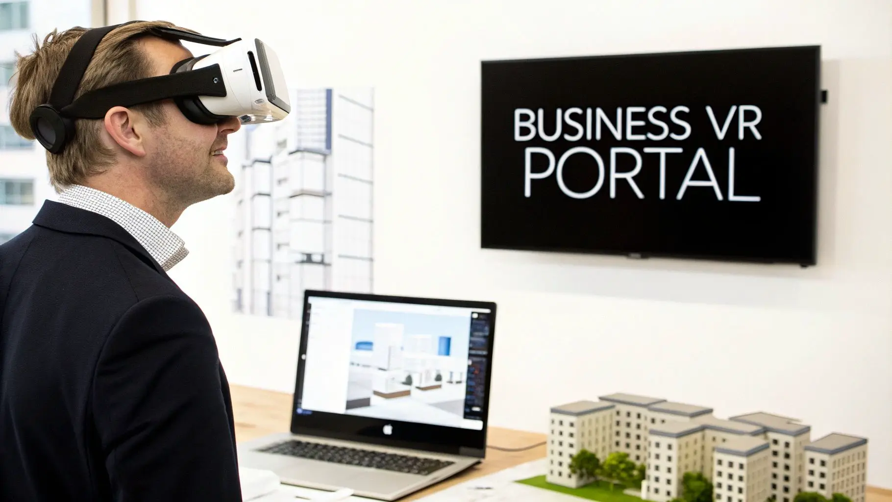 A man wearing a VR headset viewing a BUSINESS VR PORTAL display, surrounded by architectural models.