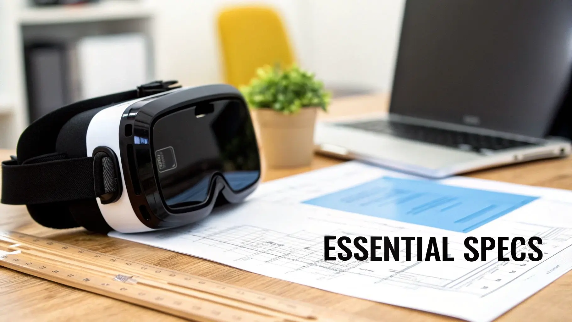 A black and white VR headset lies on a desk with blueprints, a laptop, and a ruler.
