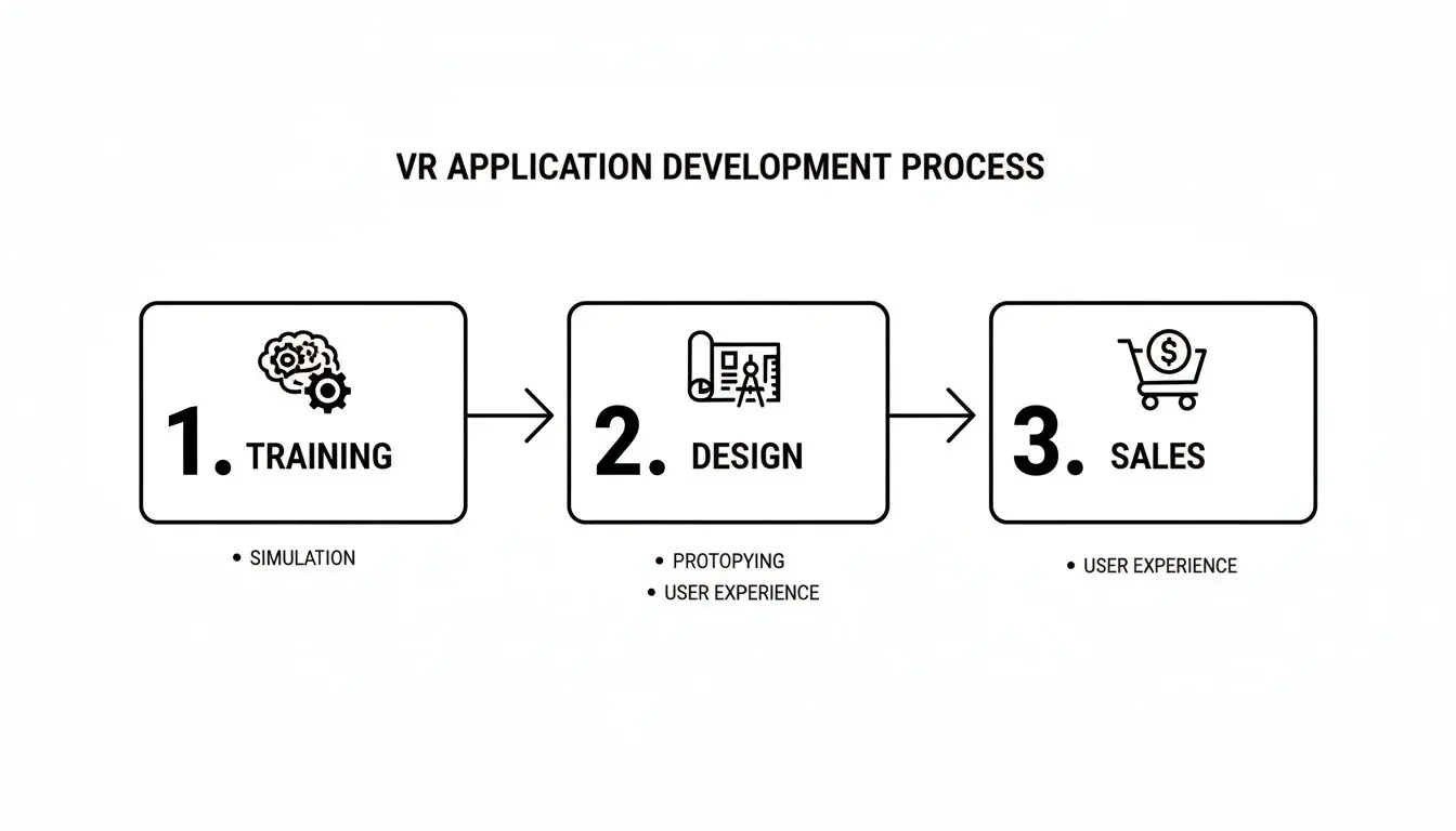 A diagram outlining the VR application development process with three steps: Training, Design, and Sales.