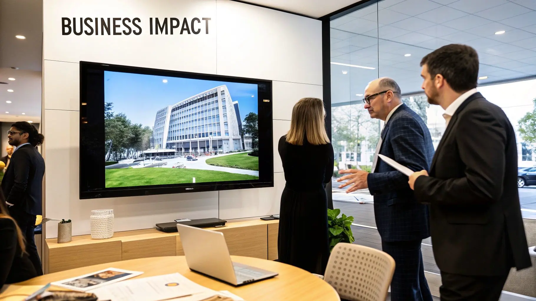 Engineers using a tablet to view a CGI rendering of an industrial machine.