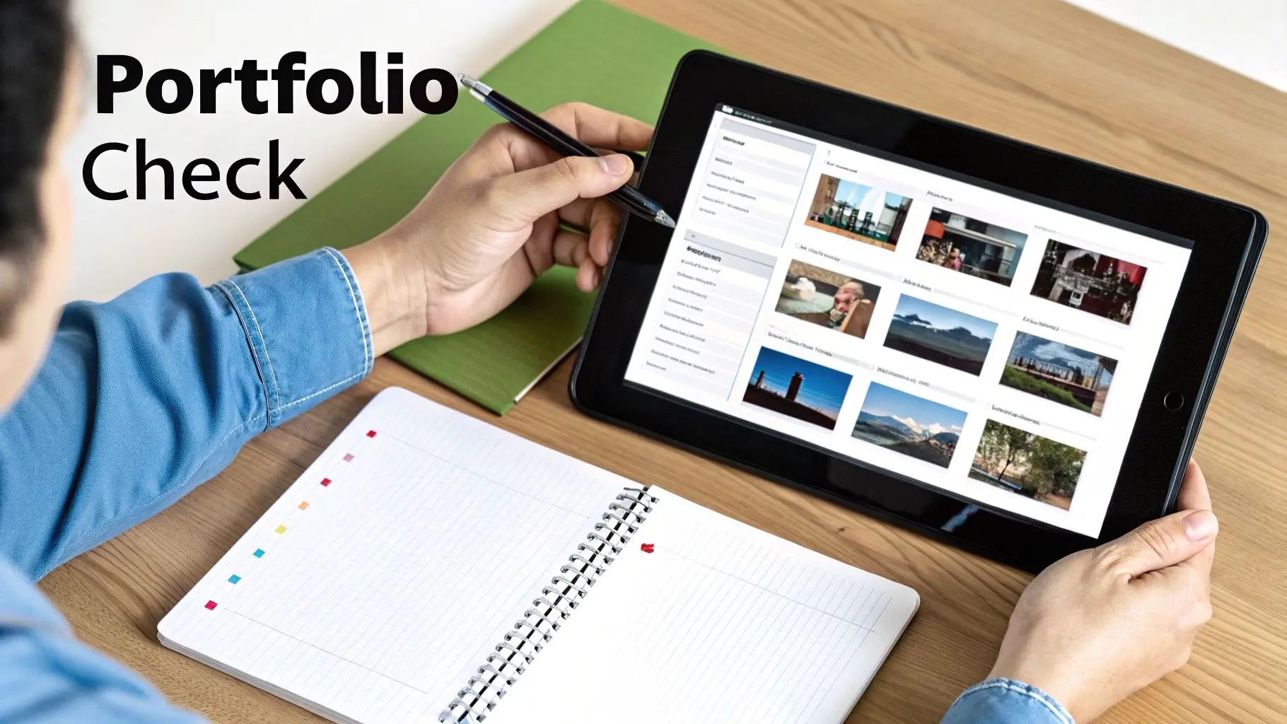A person reviews their digital portfolio on a tablet, holding a stylus, next to an open notebook.