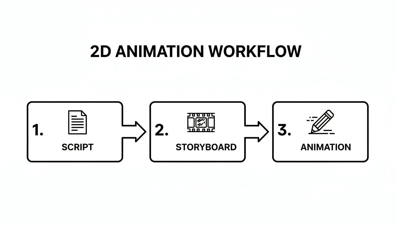 A diagram illustrating the 2D animation workflow, outlining steps from script to storyboard and final animation.