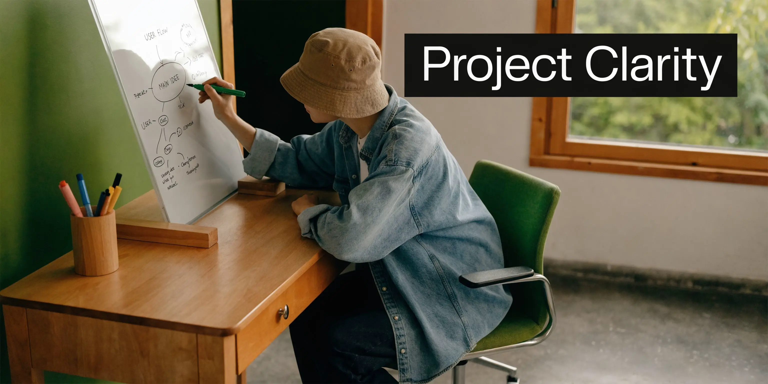 A person wearing a bucket hat writes a project flowchart on a whiteboard at their wooden desk.