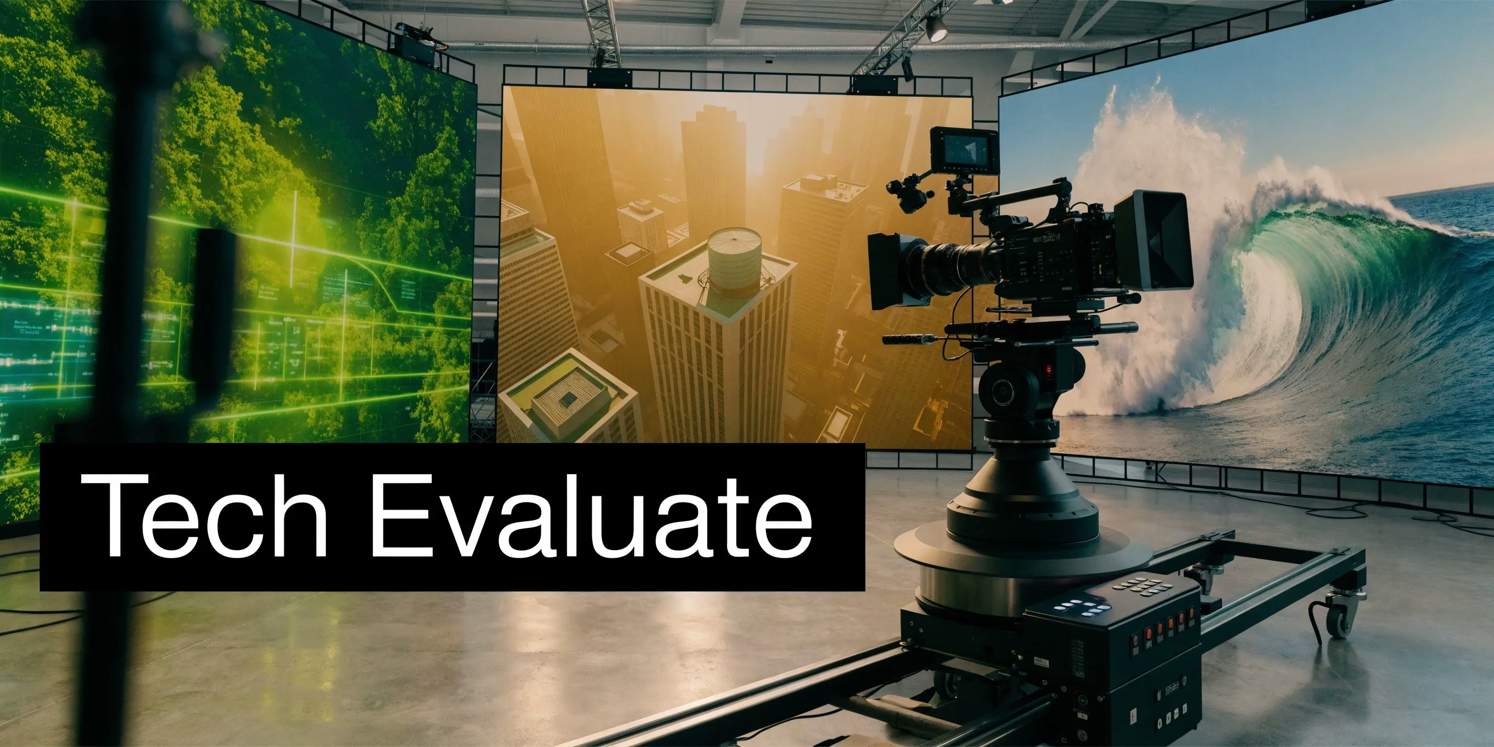 A professional movie camera on a motorized slider facing large digital screens used in virtual production studios.