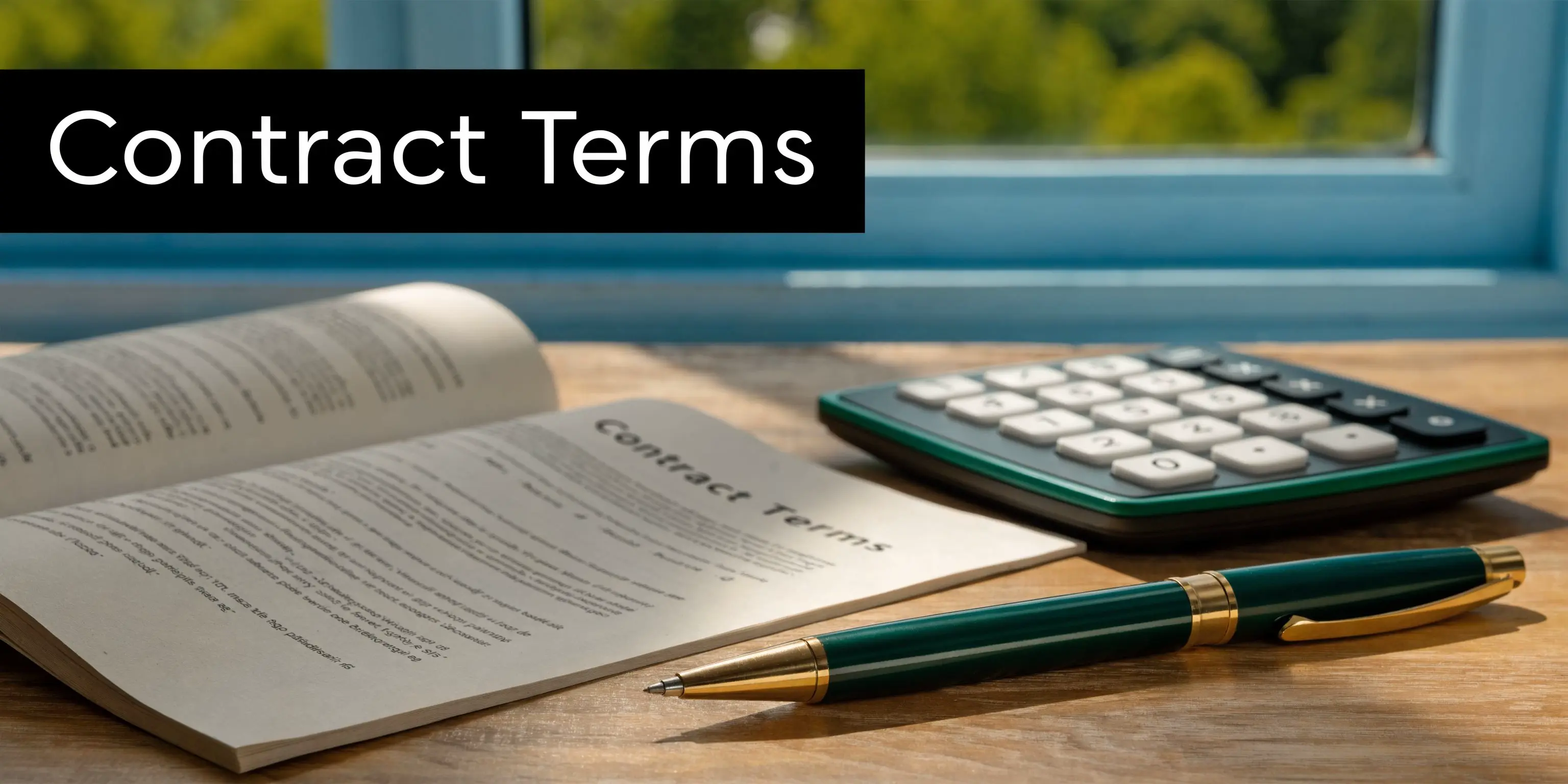 An open contract document with a pen and calculator resting on a wooden desk near a window.