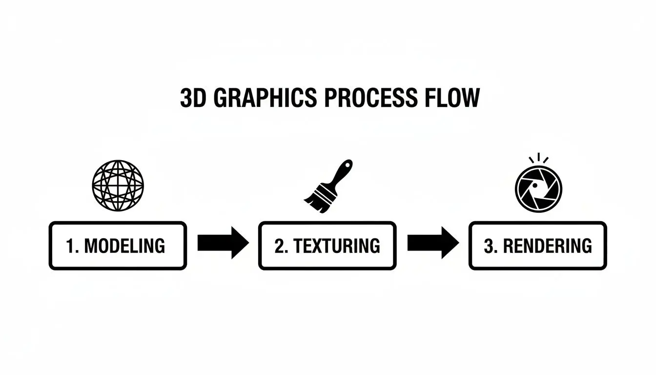 Flowchart illustrating the three main steps of 3D graphics creation: modeling, texturing, and rendering.