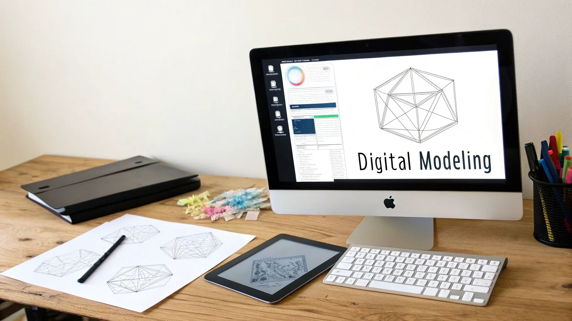 A professional workspace featuring an iMac displaying digital modeling graphics, a tablet, keyboard, and sketch designs.