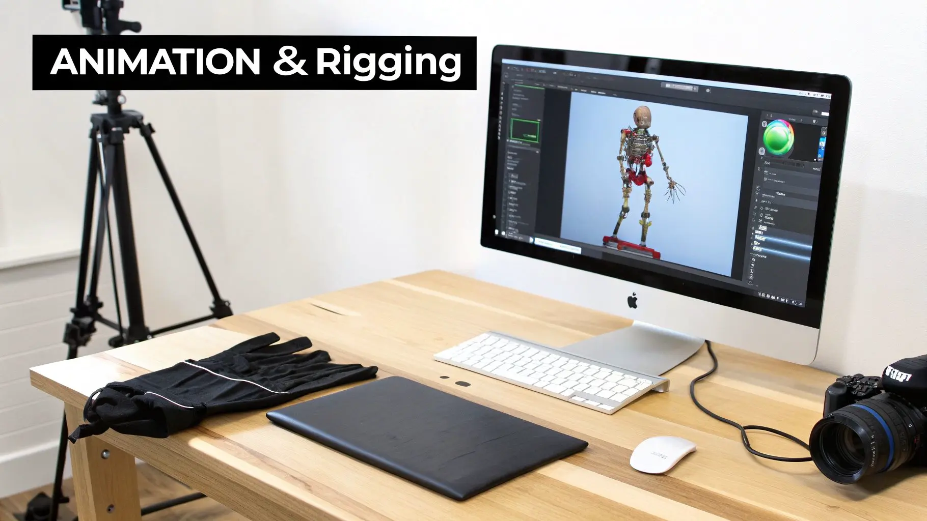 A desk setup for 3D animation and rigging with an iMac displaying a skeletal model, keyboard, mouse, camera, and gloves.