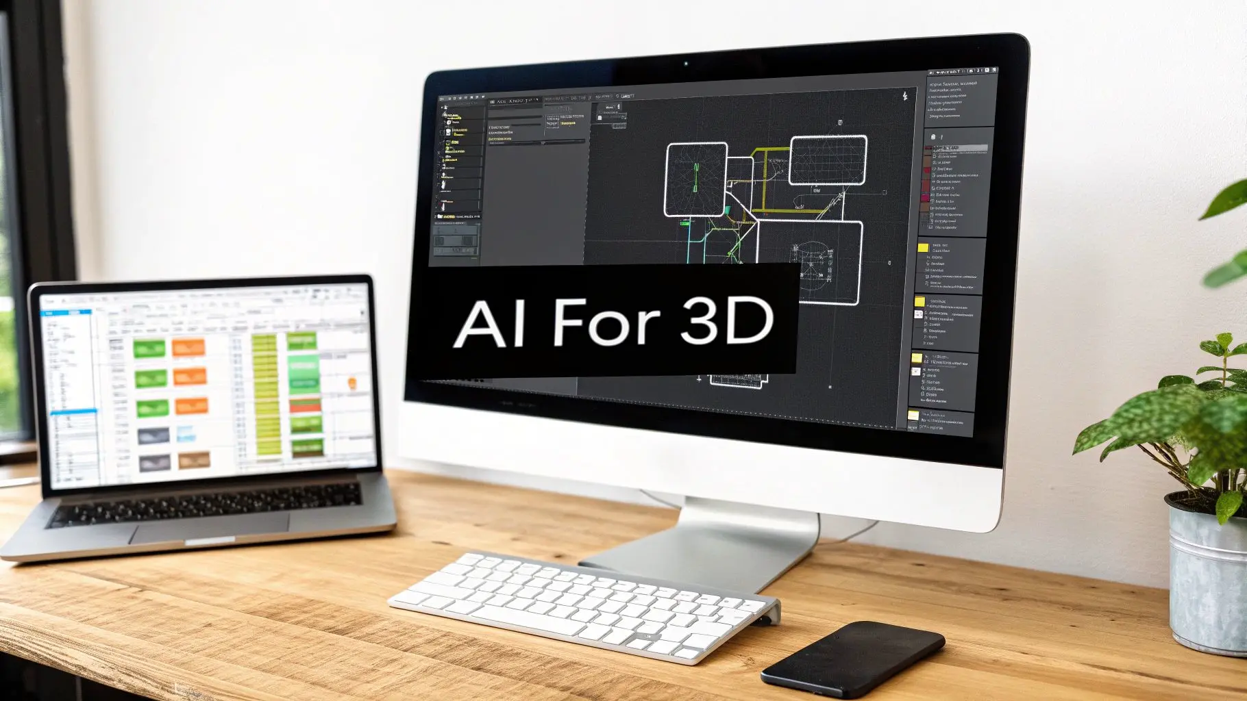 A modern workspace with a desktop monitor displaying 'AI For 3D' and a laptop on a wooden desk.