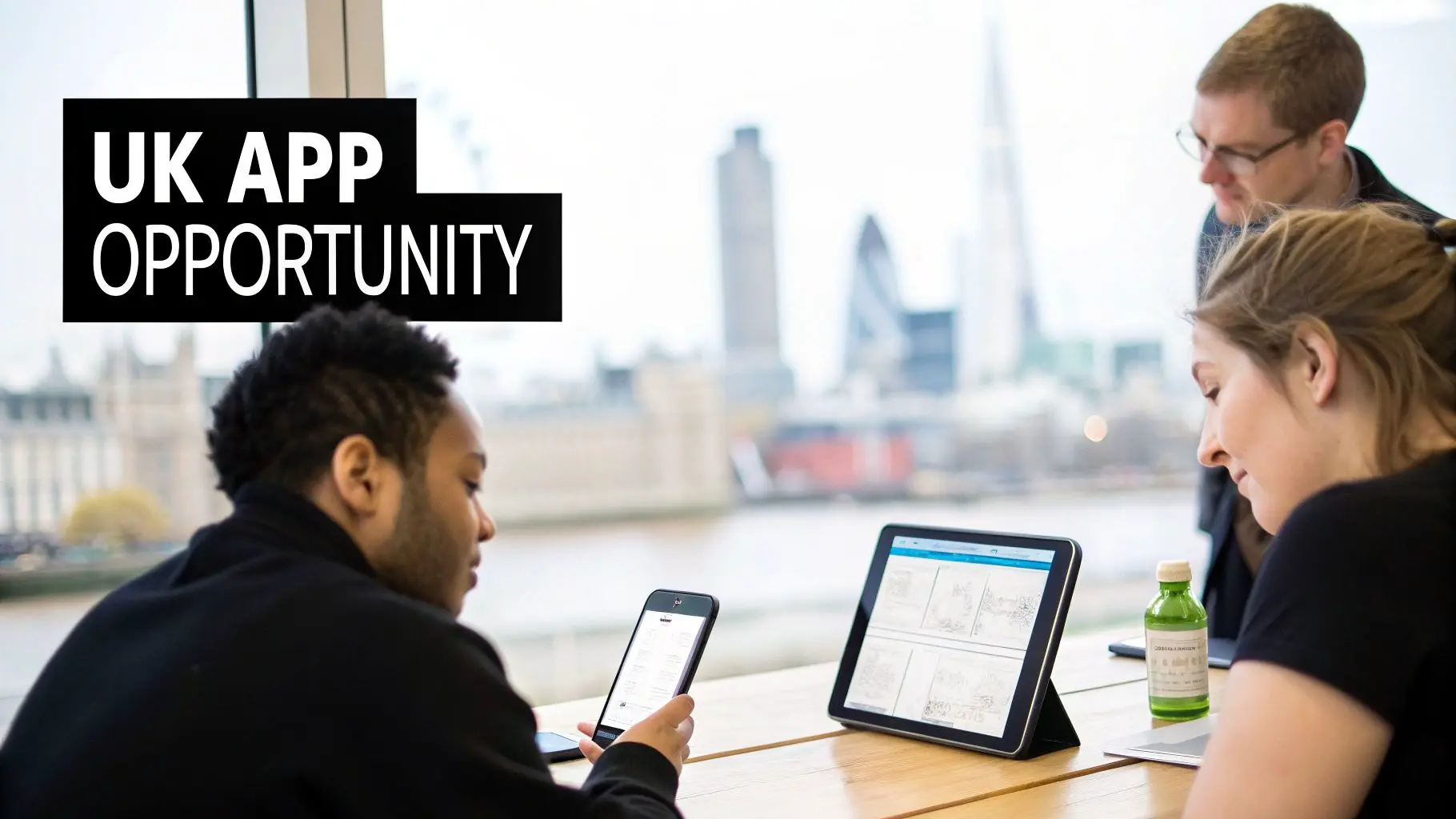 Three people collaborating on app development with phones and a tablet, overlooking the London skyline.