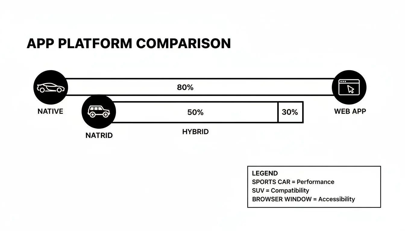 App platform comparison chart displaying characteristics of Native, Hybrid, and Web Apps using percentage bars.