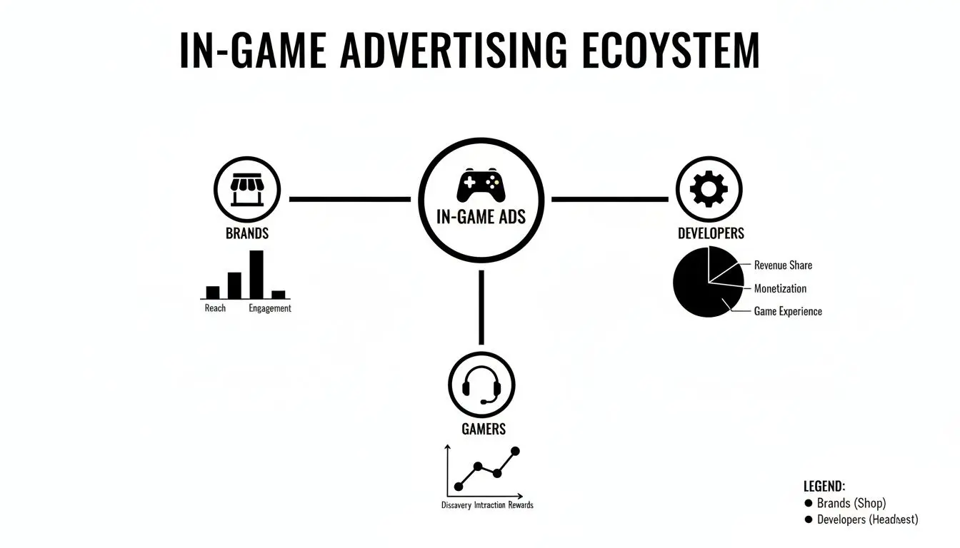 Diagram illustrating the in-game advertising ecosystem, showing brands, developers, and gamers interacting with ads.