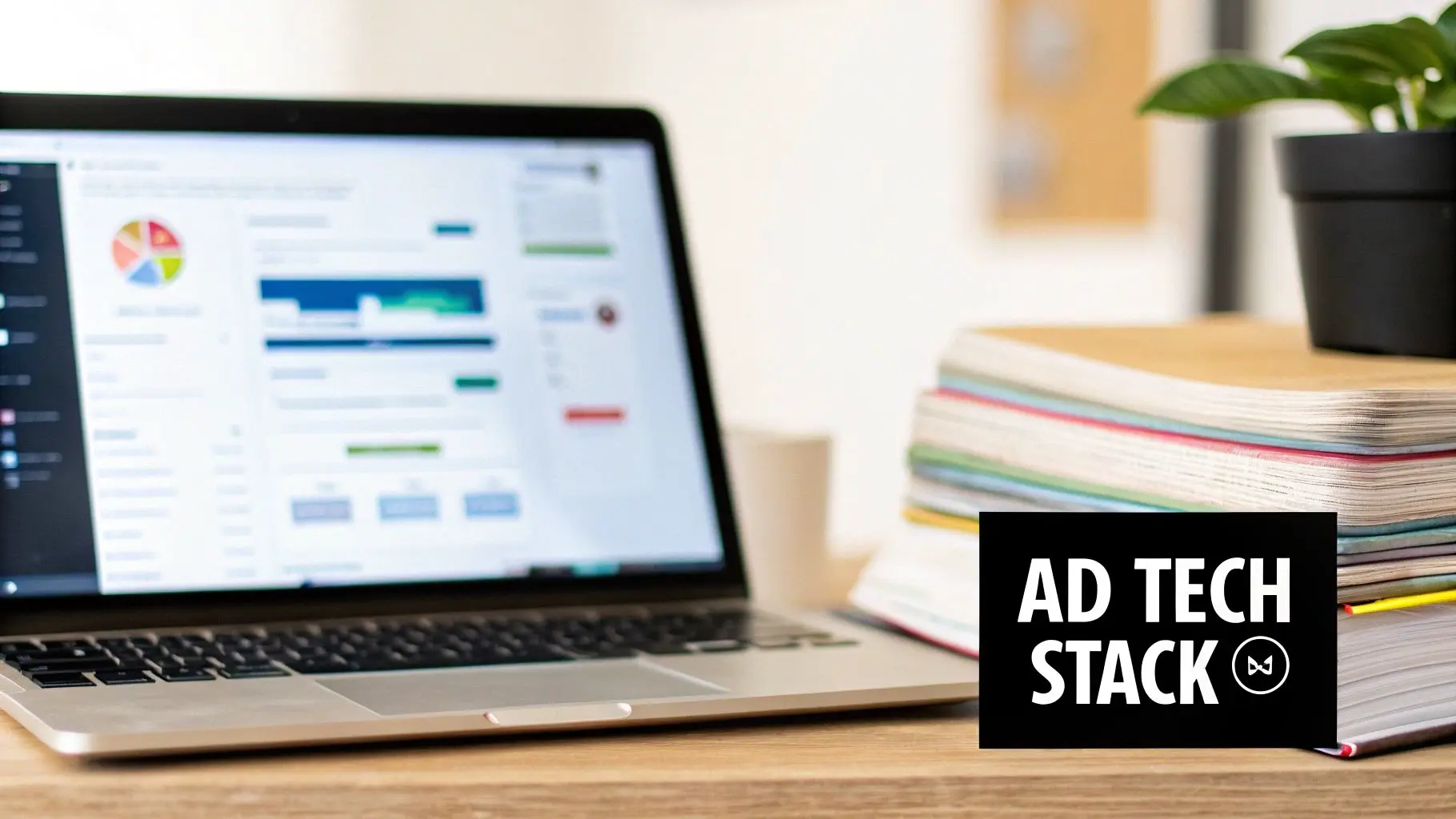 A laptop displays ad tech data on a desk, next to books, a plant, and an 'AD TECH STACK' sign.