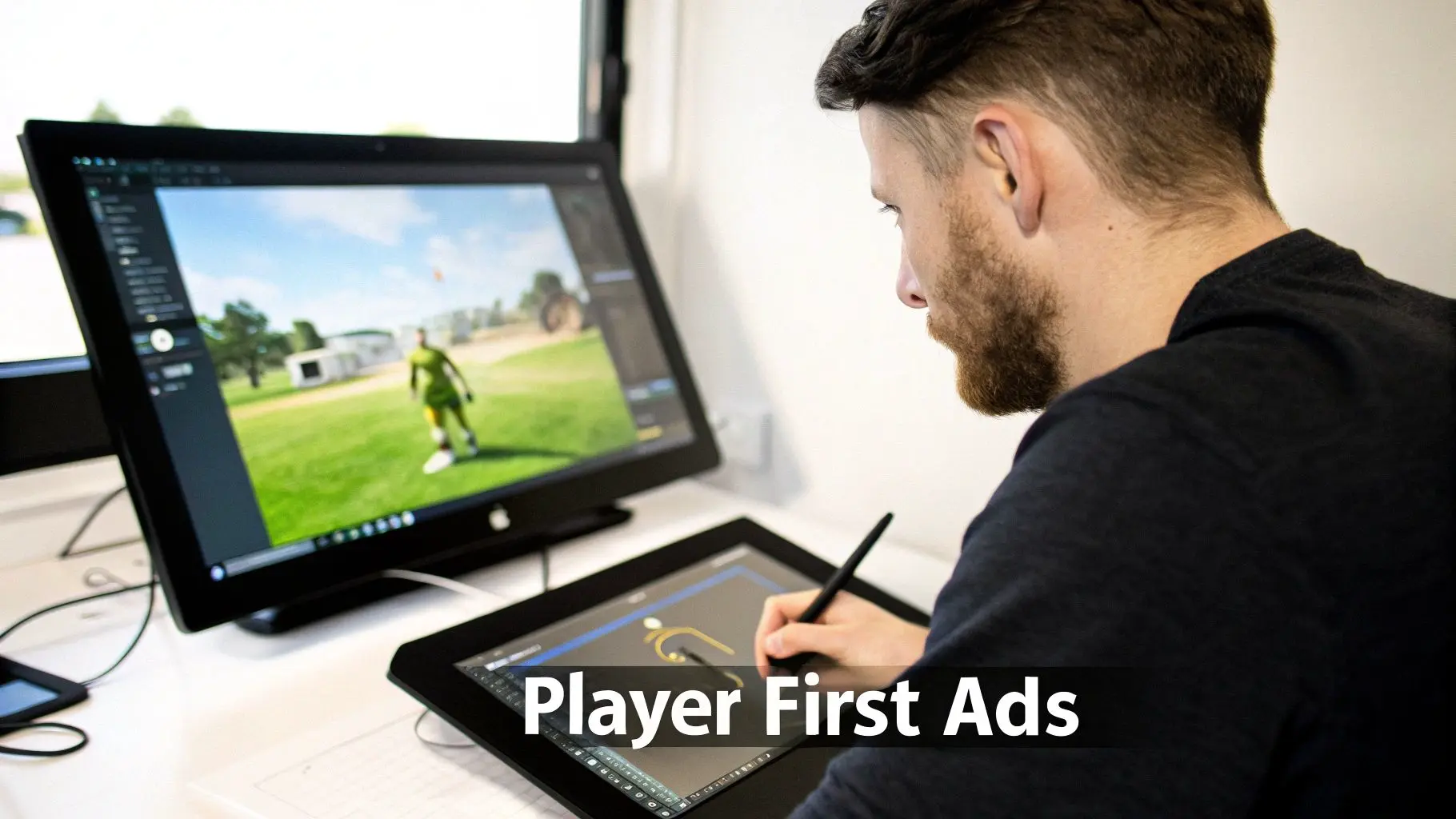 A man designs an in-game advertisement on a monitor with a digital tablet and stylus.